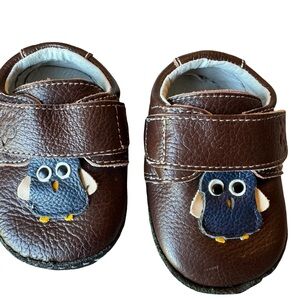 Pedoodles Baby Moccasin Size 2 Brown Leather Blue Owl Adjustable Non-slip Sole
